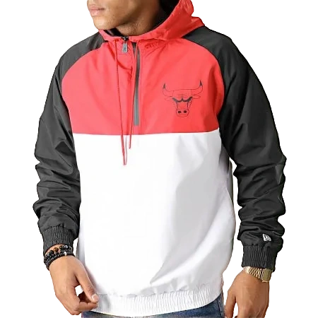 Coupe-Vent Col Zippé à Capuche New Era NBA Chicago Bulls Noir Rouge Blanc
