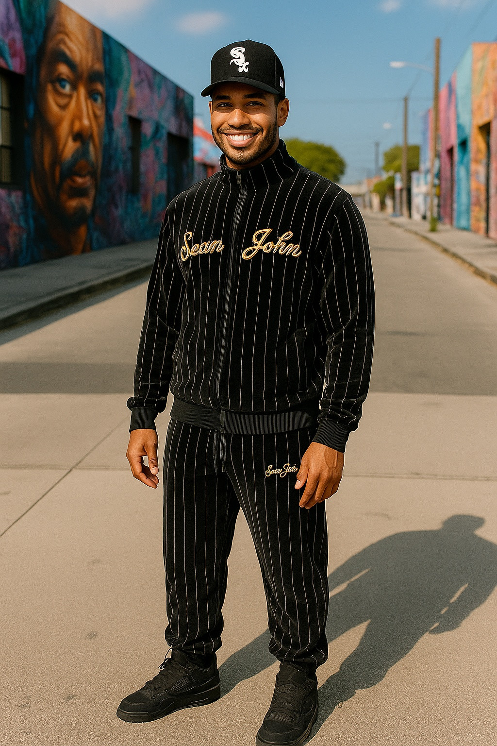 Ensemble Veste Jogging Sean John Vintage peau de peche Pinstripe noir