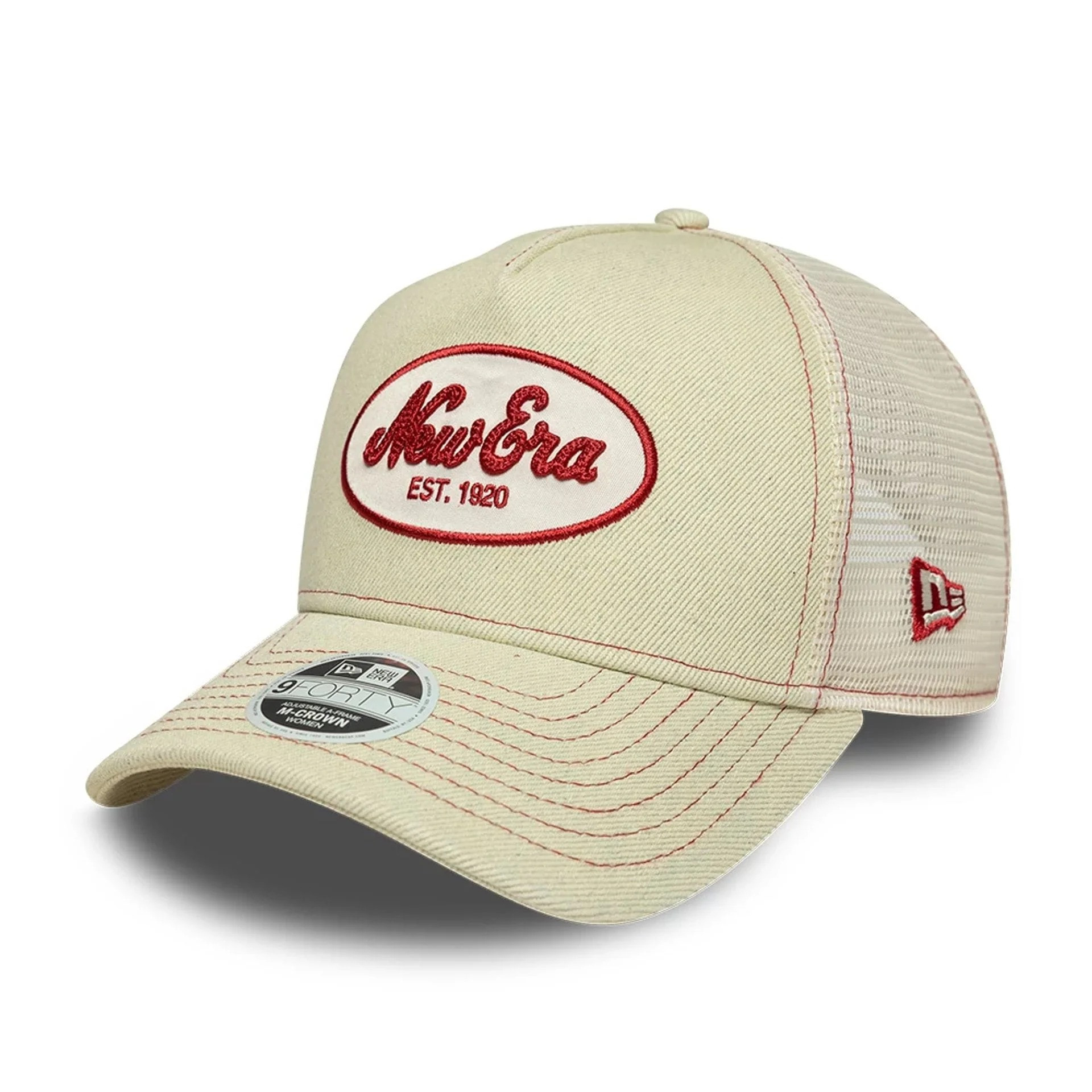 Casquette New Era 9FORTY A-Frame Trucker Patch Logo New Era Heritage Script Crème