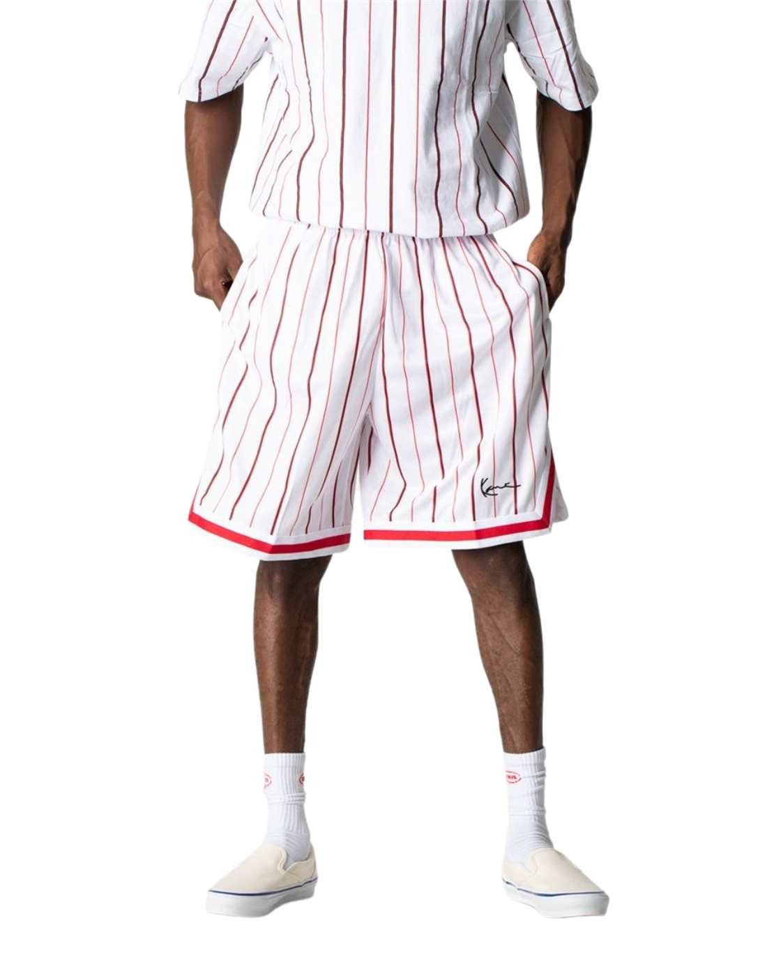 KARL KANI SMALL SIGNATURE PINSTRIPE MESH SHORTS BLANC